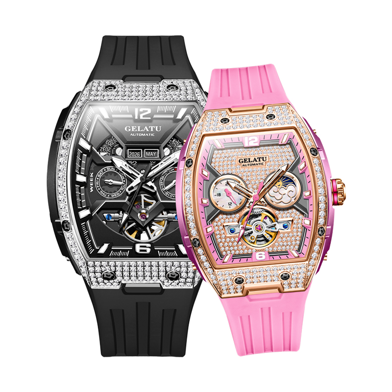 潮酷领航×柔雅格调 双生酒桶镶钻机械对表