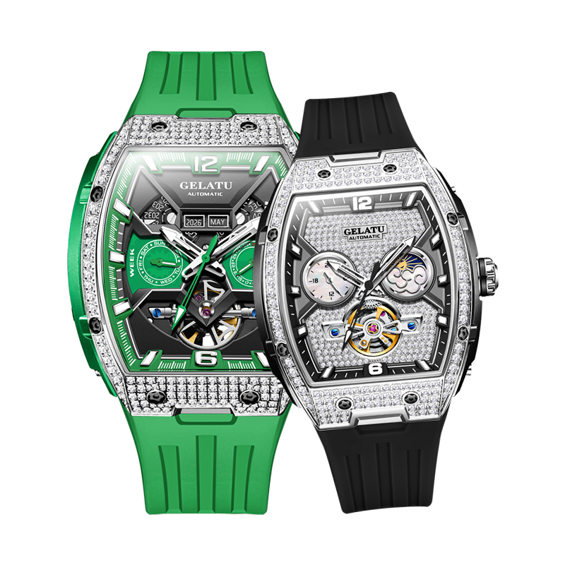 潮酷领航×柔雅格调 双生酒桶镶钻机械对表