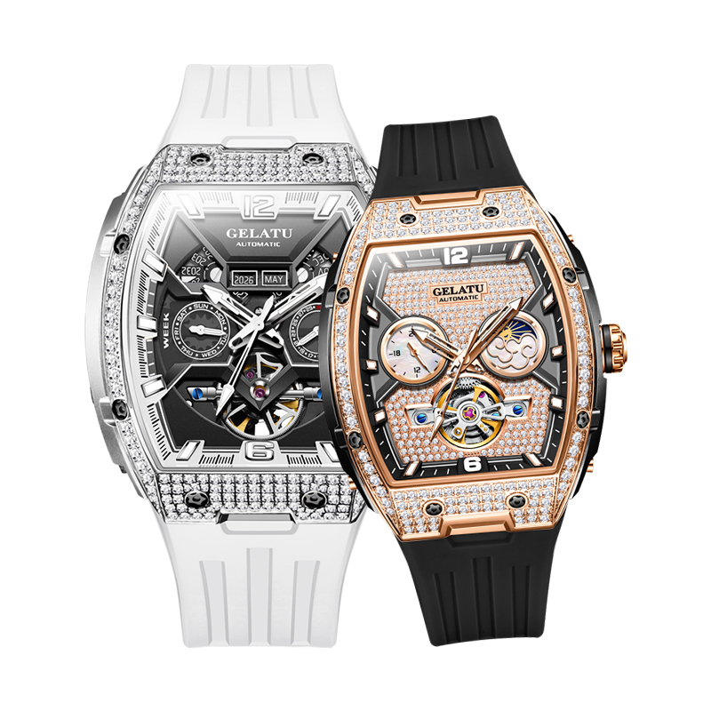 潮酷领航×柔雅格调 双生酒桶镶钻机械对表